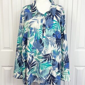 D&Co. Naturals Blue Multi Tropical Palm Leaf Print Linen Popover Shirt 2X